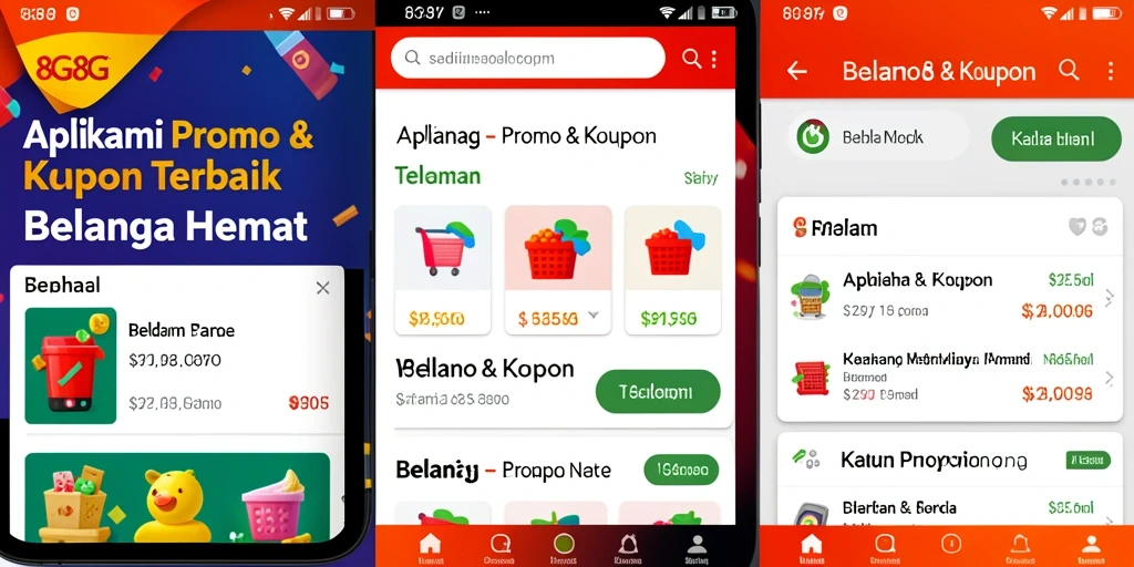Antarmuka aplikasi 8G8G dengan berbagai kupon dan promo menarik.